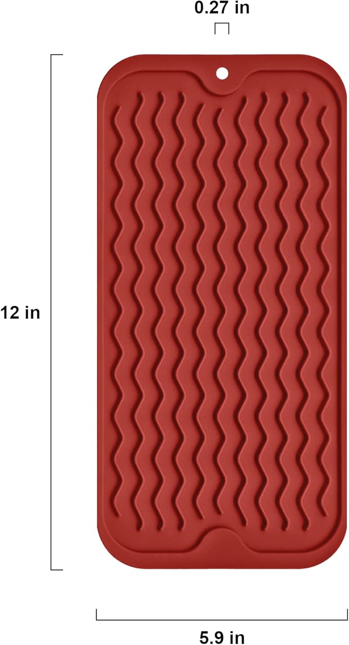 Silicone Dish Drying Mat, Non-Slip Easy Clean Sink Mat Large Heat-resistant Dish Drainer Mat for Kitchen Counter, Sink, Refrigerator or Drawer liner (12" x 6", RED)