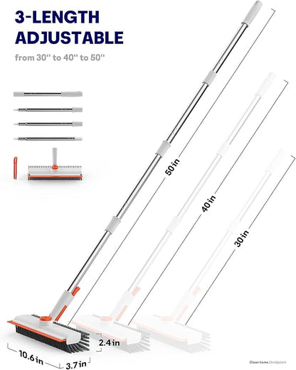 Floor Scrub Brush with Long Handle, 3 in 1 Scrape and Heavy-Duty Stiff Bristle Floor Scrubber Brush with Squeegee and Tweezer for Cleaning Tile Wall Deck (Orange and White)