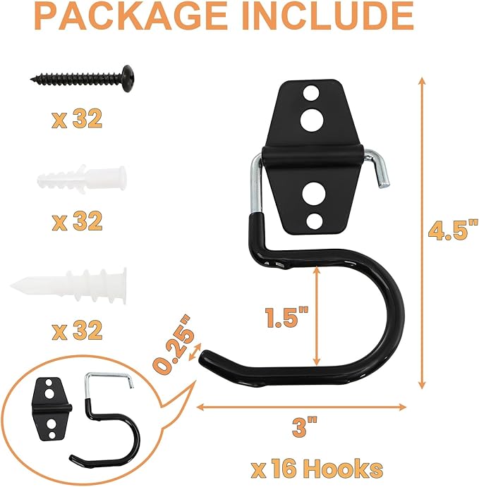 Tlence 16 Pack Metal Broom Hooks, Heavy Duty Garage Holder Wall Mount, S Type Anti-Slip Mop Rack, Cleaning Tools Holder Storage Organizer Hanger for Shovel Rakes Shed Garden Lawn Yard
