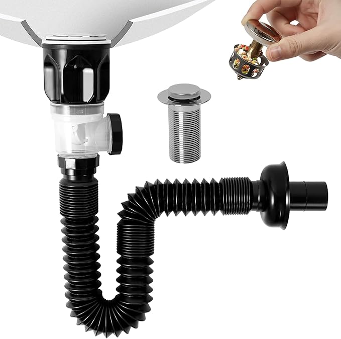 Bathroom Sink Drain Kit, Flexible P-Trap Sink Drain Pipe with Pop Up Stopper, Bathroom Sink Pipe Replacement Kit for 1-1/4'' & 1-1/2'' Holes, Anti-Clogging Stopper