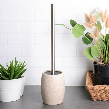 Clasin Home Toilet Bowl Brush and Holder with Stainless Steel Long Handle, Toilet Scrubber Brush with Durable Base, 360° Deep Cleaning Bristles for Bathroom, Compact Set for Small Space (Beige)
