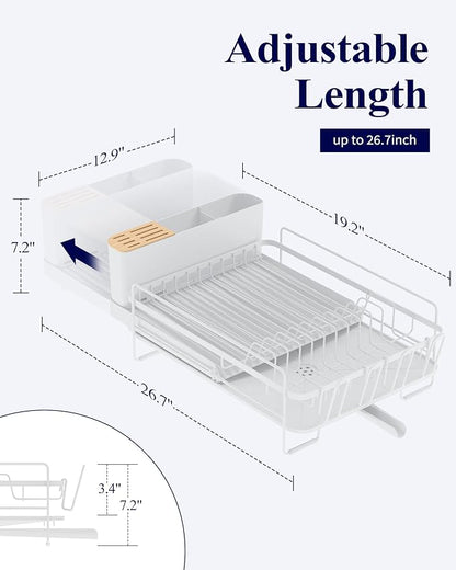 Kitsure Large Dish Drying Rack - Extendable Dish Rack, Multifunctional Dish Rack for Kitchen Counter, Anti-Rust Dish Drainers with Cutlery & Cup Holders 19.2"-26.7" L x 12.9" W, White