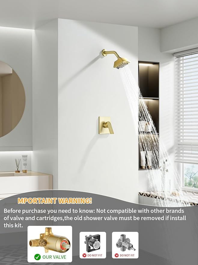 Brushed Gold Shower Faucet Set 6 Setting Shower Head 5 Inch Shower Trim Kit Modern shower valve kit High Pressure Shower Fixtures Shower System