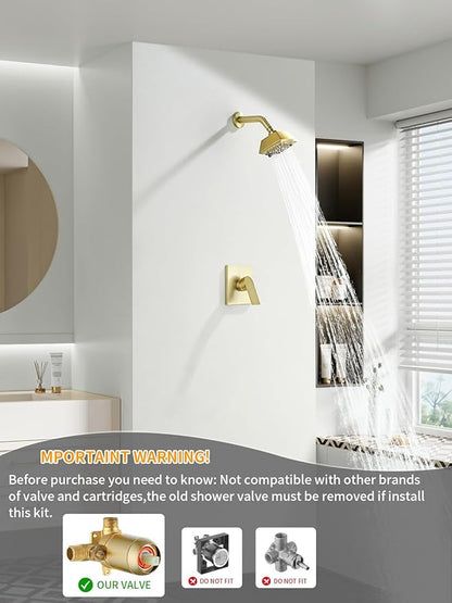 Brushed Gold Shower Faucet Set 6 Setting Shower Head 5 Inch Shower Trim Kit Modern shower valve kit High Pressure Shower Fixtures Shower System