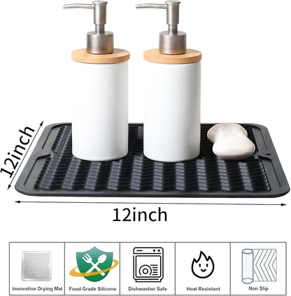 ZLR 2 Pcs Silicone Dish Drying Mat 12" x 12" Square - Small Heat Resistant Trivet & Countertop Protector for Air Fryer, Coffee Maker - Waterproof Kitchen Drain Pad for Cups, Fruit (Black)