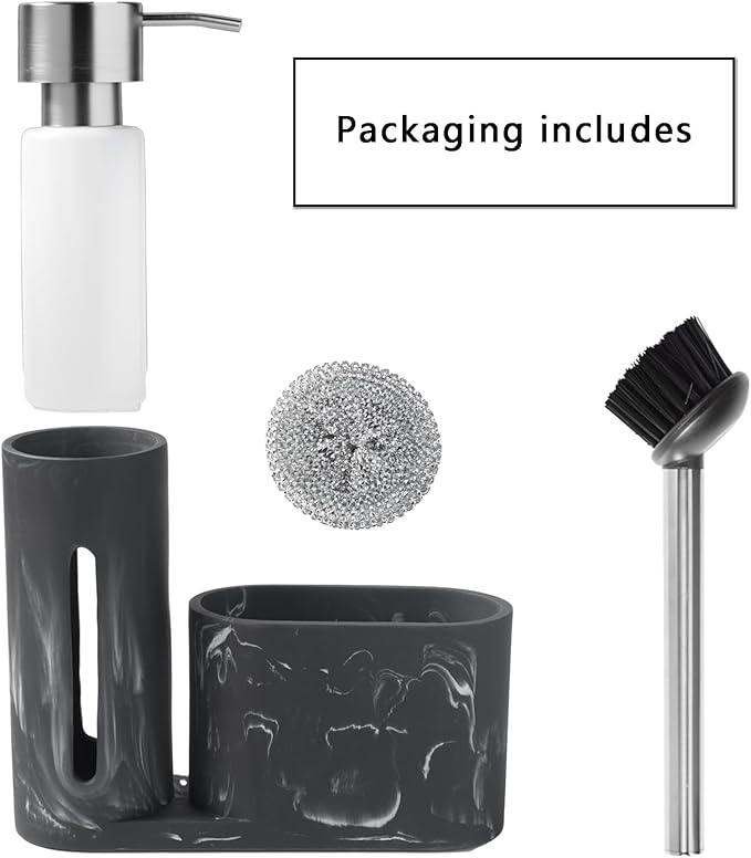 Kitchen Soap Dispenser Set 3 in 1, Dish Soap Dispenser with Sponge Holder, Dish Brush & Brush Holder, Kitchen Sink Caddy Organizer for Countertop, Rustproof（Black）