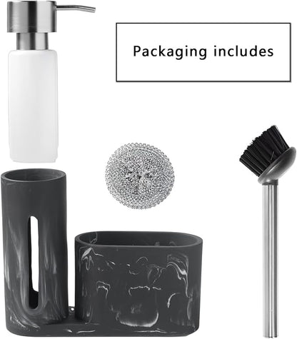 Kitchen Soap Dispenser Set 3 in 1, Dish Soap Dispenser with Sponge Holder, Dish Brush & Brush Holder, Kitchen Sink Caddy Organizer for Countertop, Rustproof（Black）