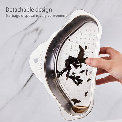 Triangle Sink Drainer Basket, Stainless Steel Triangular Sink Drain Shelf, Suction Cup Triangular Filter Drain Basket Kitchen Sinks Corner for Filter Food Waste and Washing Fruit(COLOR:silver)