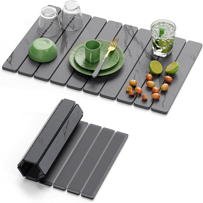 Dayacoco Stone Drying Mat for Kitchen Counter, Large Quick Dry Stone Mat, Collapsible Diatomaceous Earth Mats for Dishes Bottles Cups, Fits Any Countertop,23"×15.3",Gray gold