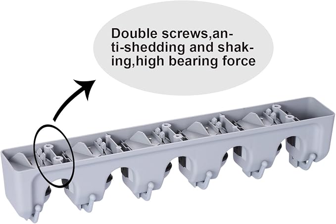 TOGU Mop and Broom Holder Wall Mounted 5 Position Storage Rack with 6 Retractable Hooks Holds up to 11 Tools Utility Weatherproof Holder for Garage Storage Systems Broom Organizer,Gray