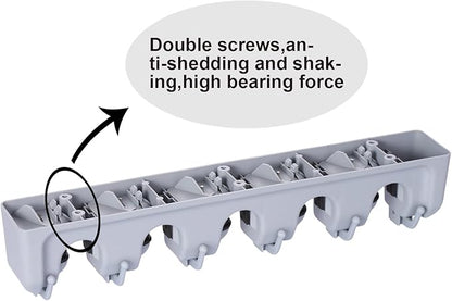 TOGU Mop and Broom Holder Wall Mounted 5 Position Storage Rack with 6 Retractable Hooks Holds up to 11 Tools Utility Weatherproof Holder for Garage Storage Systems Broom Organizer,Gray