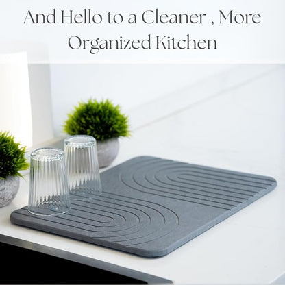 LIFSEZY- Stone Dish Drying Mat For Kitchen Counter, Super Absorbant Fast Drying Diatomaceous Earth Dish Drying mat, non slip, heat resistant, Gray, 15.3"" x 11.8''., sdm001