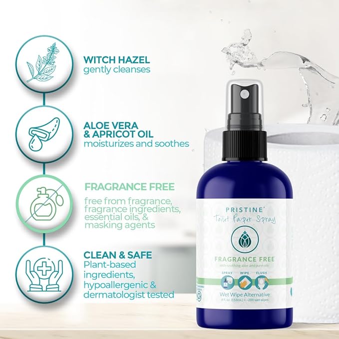 PRISTINE Toilet Paper Spray, As Seen on Shark Tank, Flushable Wipe Alternative, Personal Cleansing Bathroom Spray for Regular Toilet Tissue, Bidet Alternative, Made in USA, Fragrance Free, 4 oz Bottle