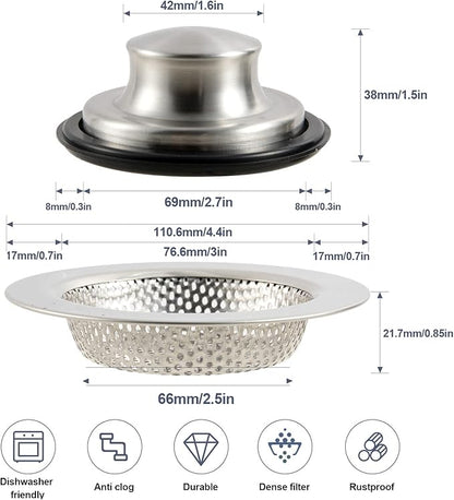 RQYEKDO Kitchen Sink Strainers Sink Stopper Kits, Stainless Steel Sink Drain Strainer Set,Large Wide Rim 4.4" Diameter Food Catcher Garbage Disposal Plug for Most Sink Drains Basket Filter
