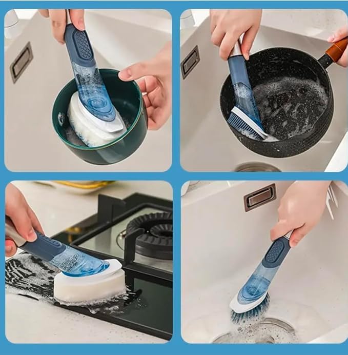 Multifunctional Kitchen Dish Washing Brush Set with Automatic Liquid Filling, Long Handle Scrub Brush with Stand, Blue