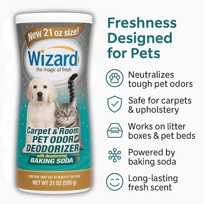 Wizard Carpet Deodorizer with Baking Soda, Pet Odor Eliminator Carpet Freshener Powder, Odor Absorber & Room Deodorizer, Carpeting Powder Fresh Scent – 3 Pack, 21 oz per Bottle (63 Ounces)