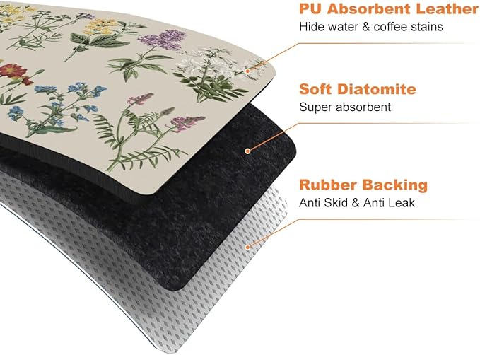 LOKHOM Dish Drying Mat for Kitchen Counter, 12"x20" Absorbent Coffee Bar Mat with Vintage Sage Flower Herbs, Dish Drainer Rack Mat for Kitchen Counter