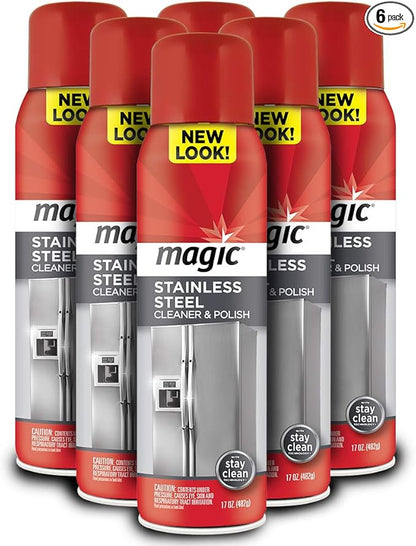 Magic Stainless Steel Cleaner Aerosol - 17 Ounce (6 Pack) - Removes Fingerprints Residue Water Marks and Grease from Appliances - Refrigerator Dishwasher Oven Grill
