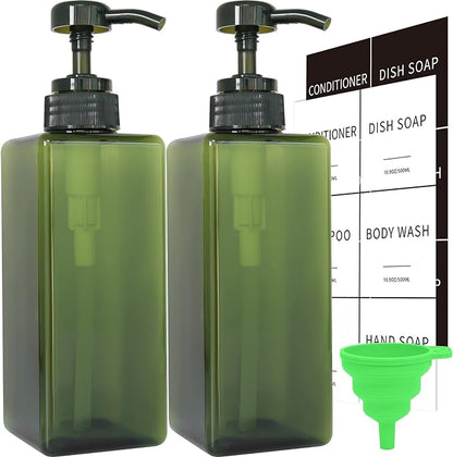 Green Soap Dispenser with Waterproof Labels, Thickened Plastic Hand Soap Dispenser for Bathroom, Kitchen Dish Washing Liquid Bottles, Shampoo and Conditioner Bottles with Funnel (16oz 2Pack Green)