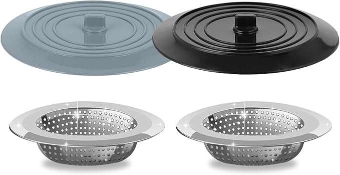V-TOP Sink Strainer Stopper 4 Pack, Universal Silicone Kitchen Sink Drain Strainer Cover Plug Stopper Kit, 4.5 Inch Stainless Steel Sink Filter Strainer, Food Catcher for Kitchen Sink
