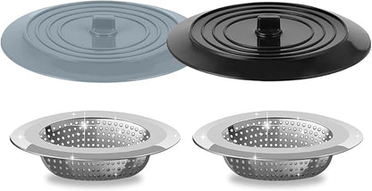 V-TOP Sink Strainer Stopper 4 Pack, Universal Silicone Kitchen Sink Drain Strainer Cover Plug Stopper Kit, 4.5 Inch Stainless Steel Sink Filter Strainer, Food Catcher for Kitchen Sink