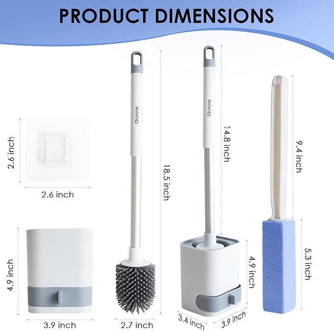 Toilet Cleaner Brush, Silicone Toilet Brush+Pumice Stone for Toilet Cleaning, with Non-Slip Long Handle, Wall Mounted/Floor Standing, Toilet Brush Set for Bathroom RVs