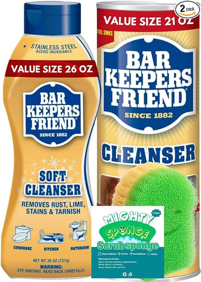 Bar Keepers Friend Soft Cleanser 26-fl oz Citrus Liquid All-Purpose Cleaner + Powder Cleanser 21 oz for Bathroom, Kitchen, Plus 6 Free sponges.