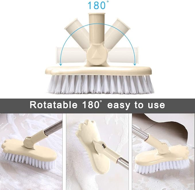LandHope Long Handled Scrub Brush Rotatable Brush Head Floor Brush Scrubber Adjustable Poles Small Shower Tile Grout Scrubber Cleaning Brush for Bathroom Bathtub Kitchen Balcony Wall Deck - Beige