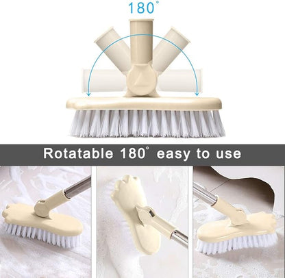 LandHope Long Handled Scrub Brush Rotatable Brush Head Floor Brush Scrubber Adjustable Poles Small Shower Tile Grout Scrubber Cleaning Brush for Bathroom Bathtub Kitchen Balcony Wall Deck - Beige