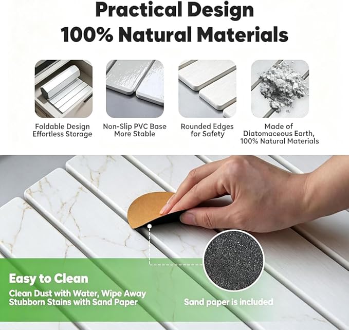 Stone Drying Mat for Kitchen Counter, Quick Diatomaceous Earth Mats for Dishes, 24" x 16" W Super Absorbent Fast-Drying Collapsible Countertop Stone Mat (Marble Gold White, Extra Large)