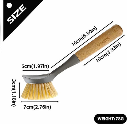 JOQINEER 2 Pack Kitchen Dish Brushes with Bamboo Handle, Dish Scrubber Built-in Scraper, Scrub Brush for Pans, Pots, Counter & Kitchen Sink Cleaning, Dishwashing and Cleaning Brush Tools