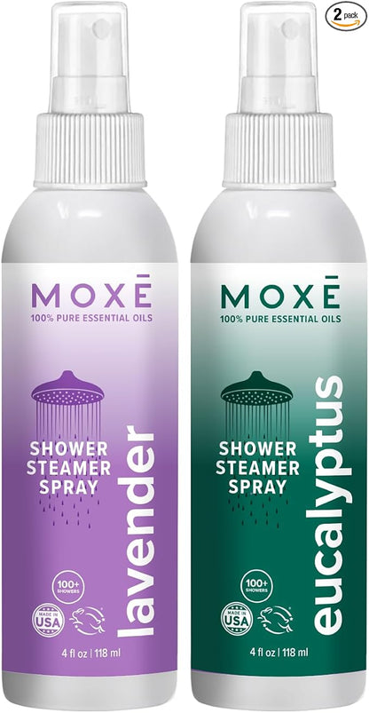 MOXE Shower Mist, Spa Steam Spray, Certified Natural Essential Oils, Aromatherapy, Calming Relief (Lavander and Eucalyptus, 4 Fl Oz (Pack of 2))