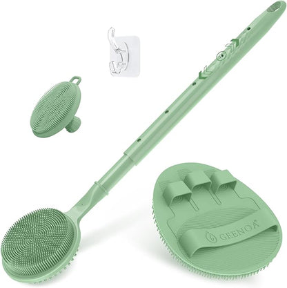 Silicone Back/Face Scrubber & Soft Bath Glove 3PCS, 16''- 24'' Extendable Shower Back Scrubber, 360° Anti-Slip & Hand-fit Silicone Body Scrubber, Manual Face Brush for All-round Cleaning(Green)
