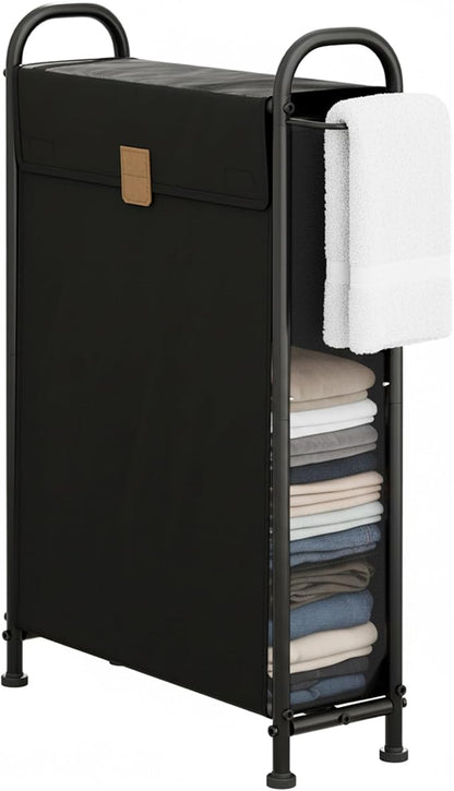 StorageWorks Slim Laundry Hamper with Flip Lid, Narrow Laundry Basket with Hooks, Breathable Mesh Clothes Organizer for Closet, Laundry Room, Bathroom, Black