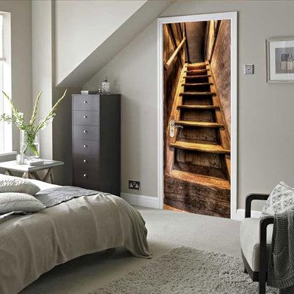3D Door Stickers Murals Peel and Stick - Wooden Stairs Wallpaper Self-Adhesive Decals Removable PVC Waterproof Poster for Bedroom Living Room 37.4" x 82.7"