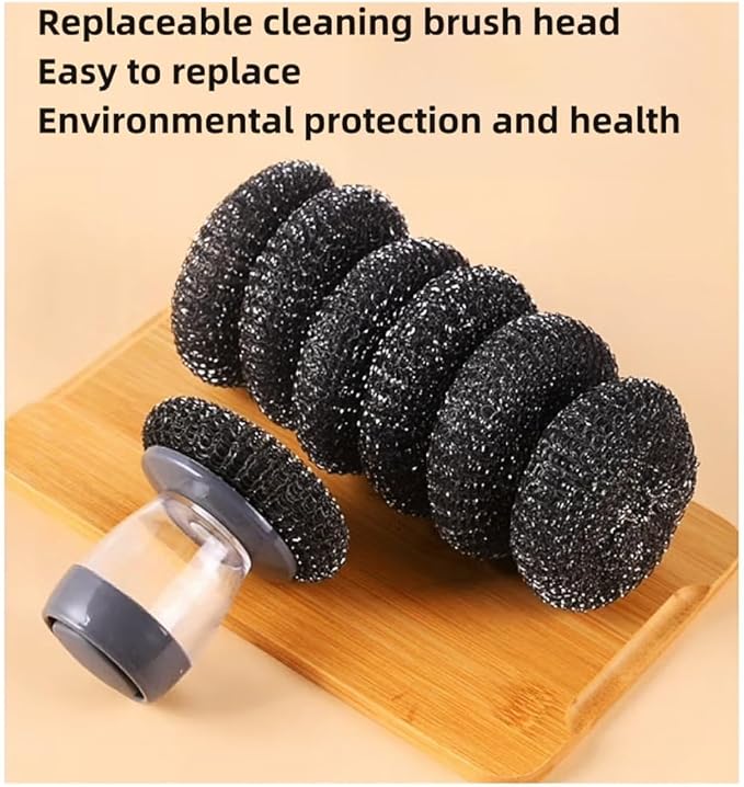 Soap Dispense Palm Scrub dishwashing Kitchen Scrubber Press Automatic Liquid wash Pot (Steel Wire)
