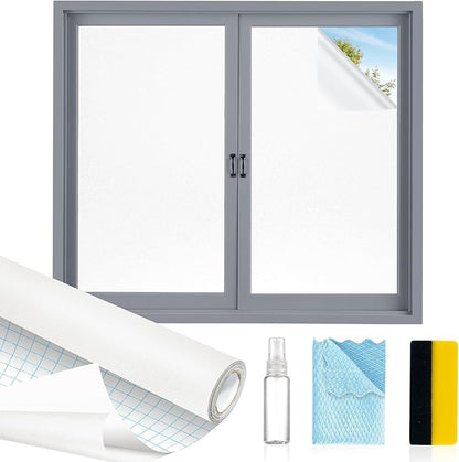 Window Privacy Film with Installation Tools, Frosted Glass Window Film, Heat Blocking Static Clings Reusable Frosting Window Film for Bathroom, Home, Office - 29.5 Inch X 6.5 Feet