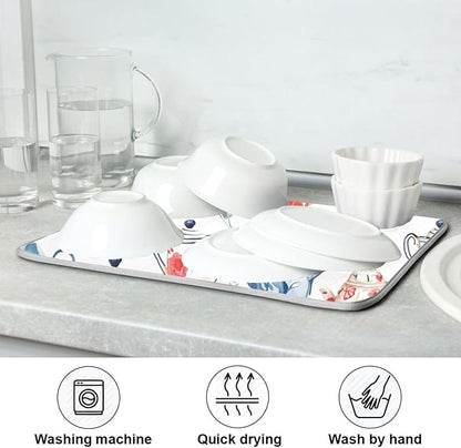 Watercolor Tea Cups Teapots Dish Drying Mat for Kitchen Counter Absorbent Microfiber Drying Pad, Medium 16x18 in, Reversible Drainer Mats