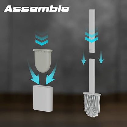 Silicone Toilet Brushes & Holders – Pack of 2 Long Non-Slip Handle, Flexible Bristles for Easy Cleaning – Modern Drip-Free Base, Durable White Bathroom Toilet Brush Set with Holder