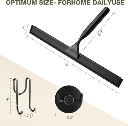 FARMER Shower Squeegee for Glass Doors, 10-Inch Glass Squeegee for Windows, Car Glass and Mirrors, Multi-Purpose Stainless Steel Squeegee with Suction Wall Hook and Over Door Hook, Black