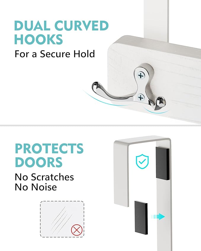 Mop and Broom Holder Wall Mount, No Drill Over the Door Broom and Mop Holder with 4 Slots and 4 Hooks, Wood Tool Hanger for Laundry, Cabinet, Kitchen, Garage