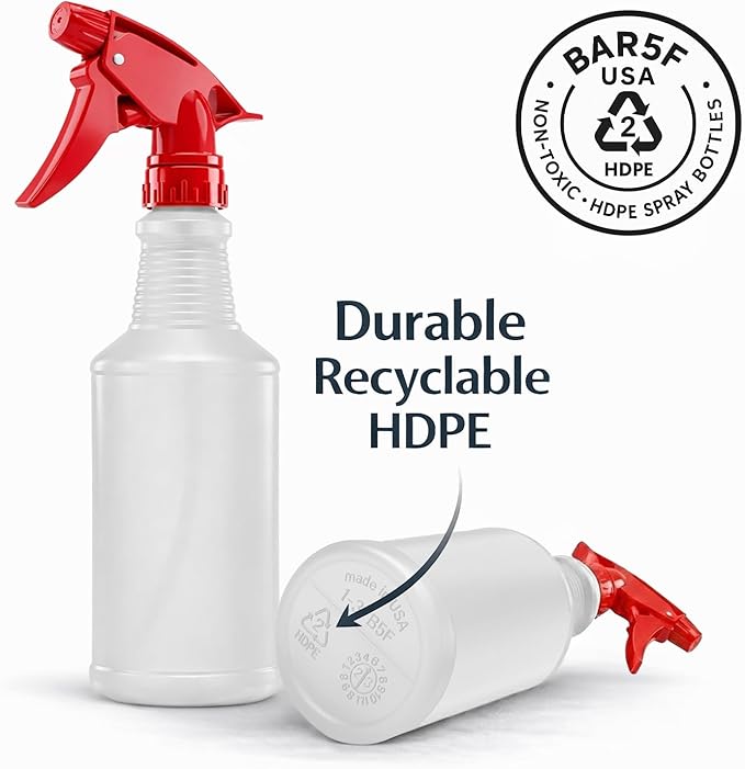 Bar5F Spray Bottles, 16 Oz, 4 Pack, Chemical-Resistant HDPE, BPA-Free, Non-Toxic, Red Trigger Sprayers, Refillable Empty Sprayer Bottle for Cleaning Solutions, Vinegar, Alcohol, Made in USA
