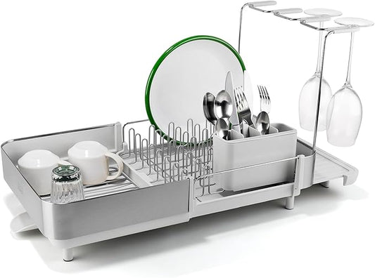 Joseph Joseph Extend Steel Plus Extendable Dish Rack Steel, Small to Large Dish Drainer with Wine Glass Holder & Drain Spout