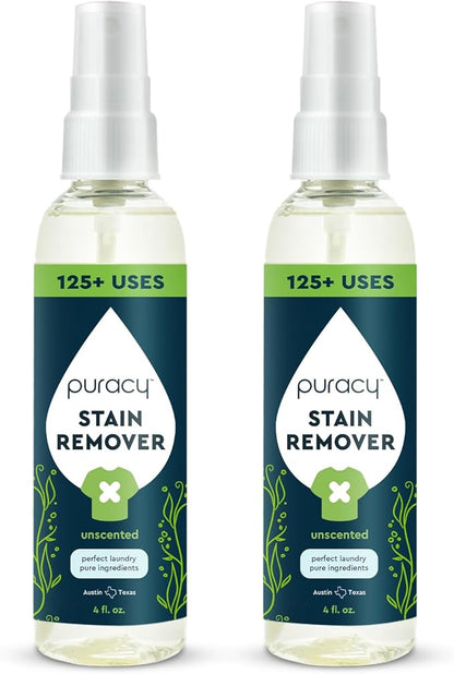 Puracy Stain Remover, Natural Travel and Laundry Stain Cleaner for Clothes, Baby Essentials, Kids Stains, Oil and Fabric Spot Cleaner, Unscented (Stain Remover Spray, 4 fl oz, 2 Pack)