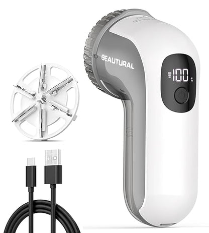 BEAUTURAL Fabric Shaver, Rechargeable Lint Remover, Electric Portable Sweater Defuzzer with 3 Speeds, 6 Leaf Blades, Digital LED Display, Remove Pilling for Clothes, Furniture, Sweater, Couch, Blanket