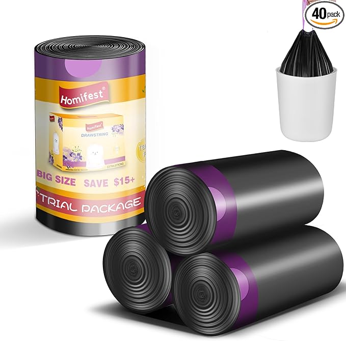 2.6 Gallon Drawstring Trash Bags, 40 Count Black