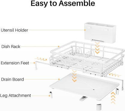 SNTD Dish Drying Rack - Extendable Dish Rack, Large Sink Drying Dish Drainer for Kitchen Counter, Stainless Steel Dish Strainer with Utensil Holder (White)