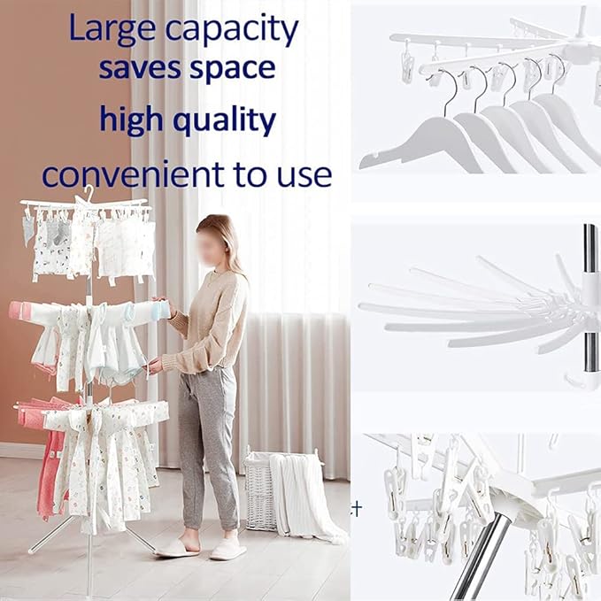 3-Tier Foldable Clothes Drying Rack, 66.93" Laundry Rack with 24 Sock Clips & Rotating Rail, Space-Saving for Balcony (White)