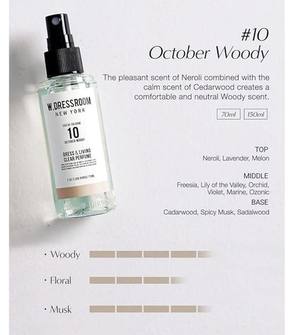 W.Dressroom No.10 October Woody Living Clear Perfume, Body Mist, Long-Lasting Unisex, Alcohol-Free Water-Based, Spray on Skin, Clothes, Bedding & Car, Travel Size 5.28 oz