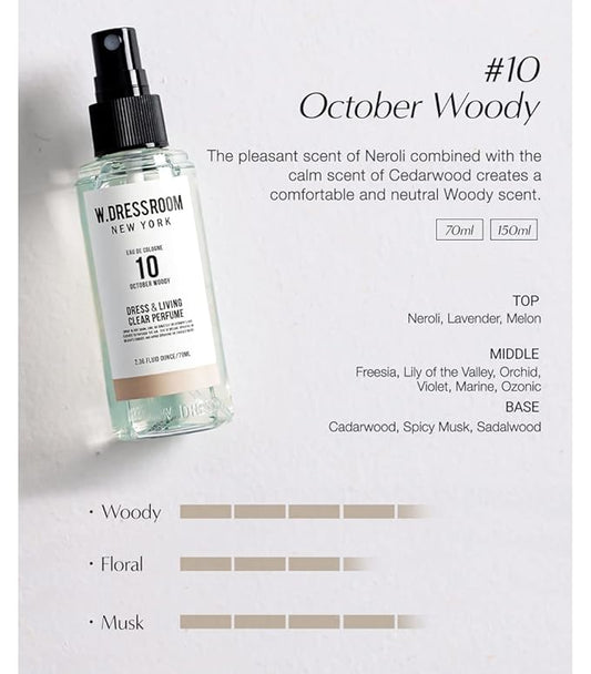 W.Dressroom No.10 October Woody Living Clear Perfume, Body Mist, Long-Lasting Unisex, Alcohol-Free Water-Based, Spray on Skin, Clothes, Bedding & Car, Travel Size 5.28 oz